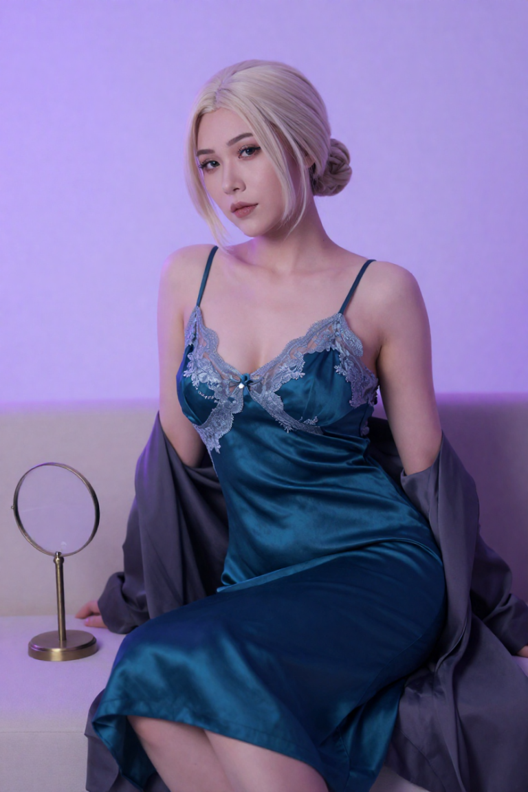 Greta, a fictional 26-year-old muse in a deep teal silk slip in the loft of Web3Finders